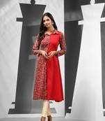 Red cotton floral printed a-line kurta