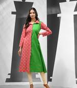 Green & red cotton floral printed a-line kurta