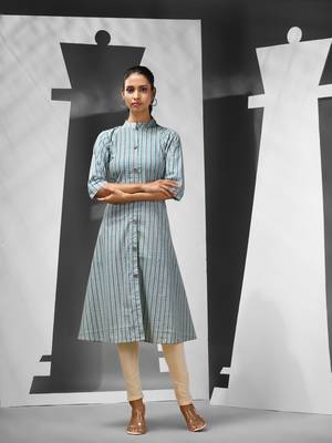 Sky blue cotton a-line kurta with printed patterns 1