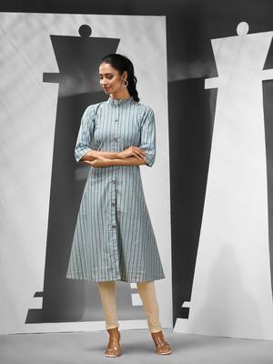 Sky blue cotton a-line kurta with printed patterns 2