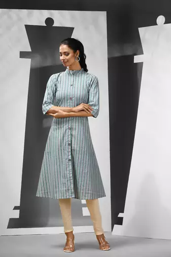 Sky blue cotton a-line kurta with printed patterns