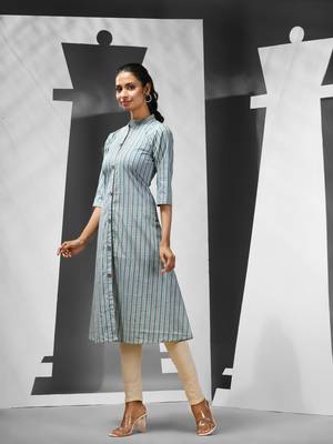 Sky blue cotton a-line kurta with printed patterns 3