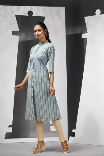 Sky blue cotton a-line kurta with printed patterns