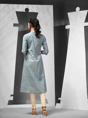 Sky blue cotton a-line kurta with printed patterns 4