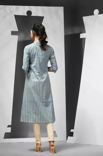 Sky blue cotton a-line kurta with printed patterns