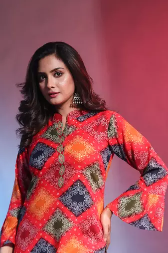 Multicolor rayon bandhani printed straight kurta