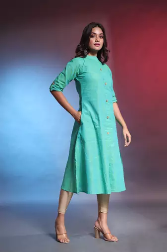Secremanto green solid cotton a-line kurta