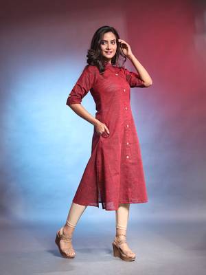 Dark red solid cotton a-line kurta 3