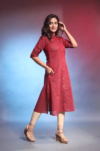 Dark red solid cotton a-line kurta