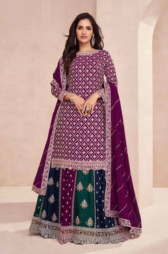 Wine embroidered chinnon full stitched straight suit - Free size