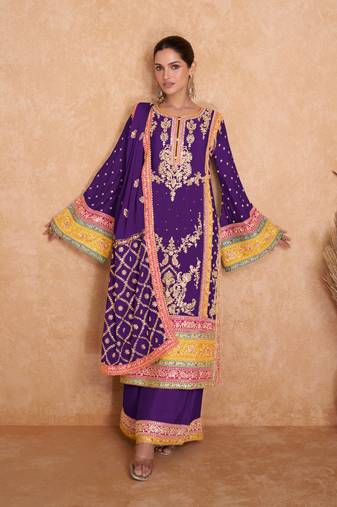 Violet Embroidered Chinnon Stitched Punjabi Salwar Suit Up To 42" Size