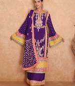 Violet Embroidered Chinnon Stitched Punjabi Salwar Suit Up To 42" Size