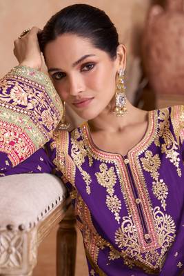 Violet Embroidered Chinnon Stitched Punjabi Salwar Suit Up To 42" Size 2