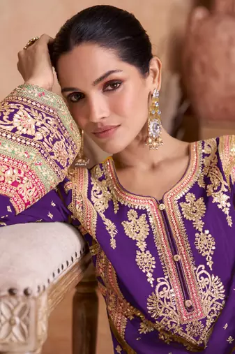Violet Embroidered Chinnon Stitched Punjabi Salwar Suit Up To 42" Size