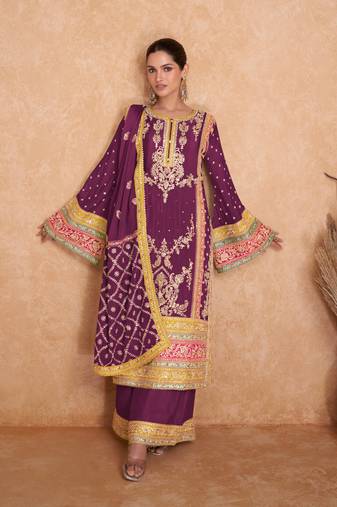 Wine Embroidered Chinnon Stitched Straight Suit Free size full stitched Up To 42" Size