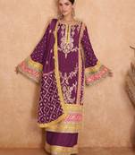 Wine Embroidered Chinnon Stitched Straight Suit Free size full stitched Up To 42" Size