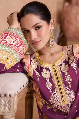 Wine Embroidered Chinnon Stitched Straight Suit Free size full stitched Up To 42" Size 2