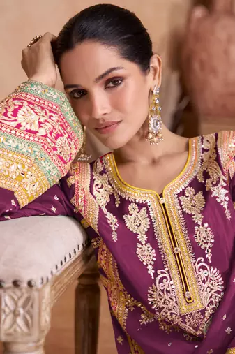 Wine Embroidered Chinnon Stitched Straight Suit Free size full stitched Up To 42" Size