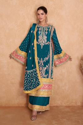 Teal Blue Embroidered Chinnon Free Size Punjabi Salwar Suit 1