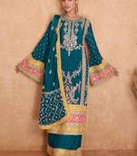 Teal Blue Embroidered Chinnon Free Size Punjabi Salwar Suit