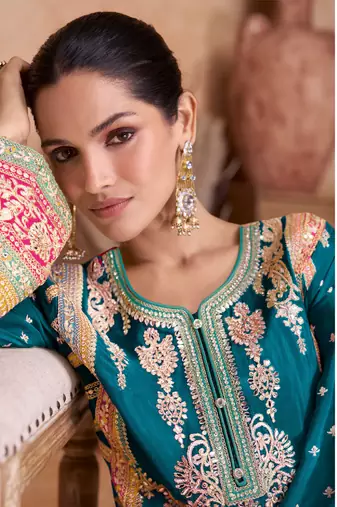 Teal Blue Embroidered Chinnon Free Size Punjabi Salwar Suit