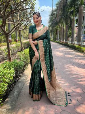 Dark Green Faux Banarasi Katan Silk Zari Woven Saree 1