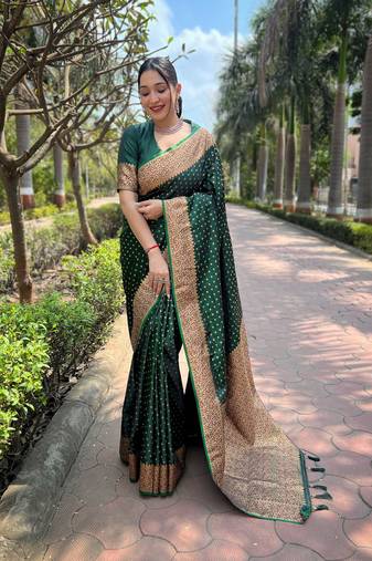 Dark Green Faux Banarasi Katan Silk Zari Woven Saree