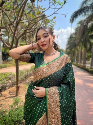 Dark Green Faux Banarasi Katan Silk Zari Woven Saree 2