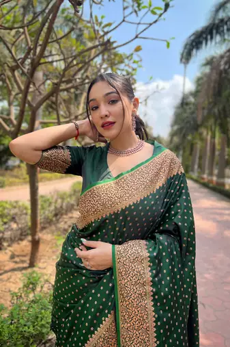 Dark Green Faux Banarasi Katan Silk Zari Woven Saree