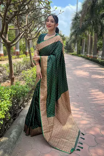 Dark Green Faux Banarasi Katan Silk Zari Woven Saree