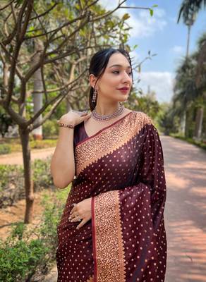 Dark Maroon Faux Banarasi Katan Silk Zari Woven Saree 1