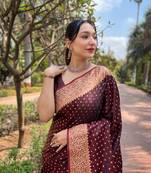 Dark Maroon Faux Banarasi Katan Silk Zari Woven Saree