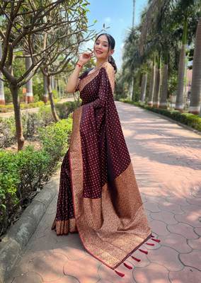 Dark Maroon Faux Banarasi Katan Silk Zari Woven Saree 2