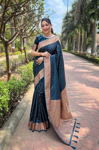 Deep Blue Faux Banarasi Katan Silk Zari Woven Saree
