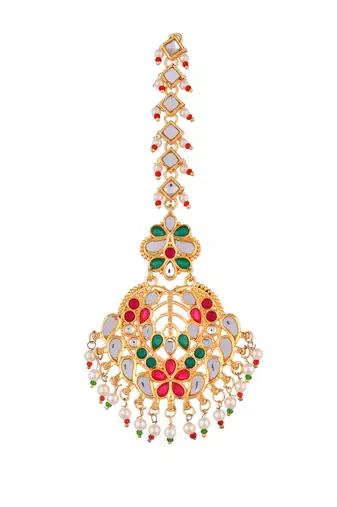Gold-plated flower design kundan & pearl maang tikka