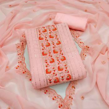 Peach Georgette Embroidered Unstitched Dress Material 1