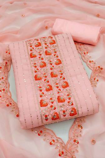 Peach Georgette Embroidered Unstitched Dress Material