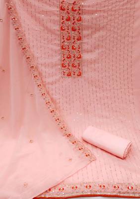 Peach Georgette Embroidered Unstitched Dress Material 2