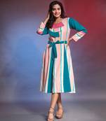 Multi printed cotton ethnic dress with waist belt