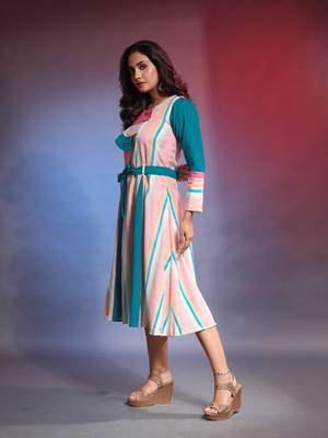 Multi printed cotton ethnic dress with waist belt 2