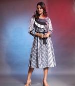 Grey printed cotton ethnic dress with waist belt