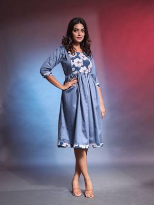 Grey solid gathered cotton ethnic dress with printed patchwork 1