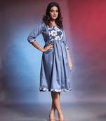 Grey solid gathered cotton ethnic dress with printed patchwork