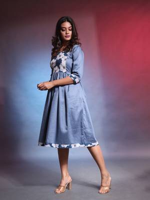 Grey solid gathered cotton ethnic dress with printed patchwork 2