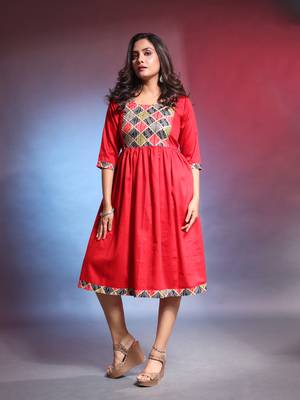Red solid gathered cotton ethnic dress with printed patchwork 1