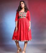 Red solid gathered cotton ethnic dress with printed patchwork