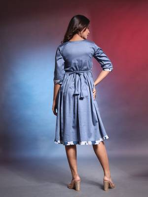 Grey solid gathered cotton ethnic dress with printed patchwork 3