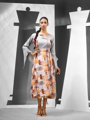 White & grey chinon ethnic dress with printed work 1
