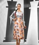 White & grey chinon ethnic dress with printed work