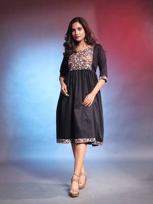 Black solid gathered cotton ethnic dress with printed patchwork 1